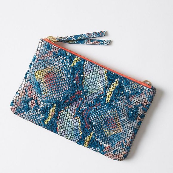 Sale! Anthropologie Sequined Snake-Printed Clutch, Blue, yellow, peach combo - Picture 6 of 8